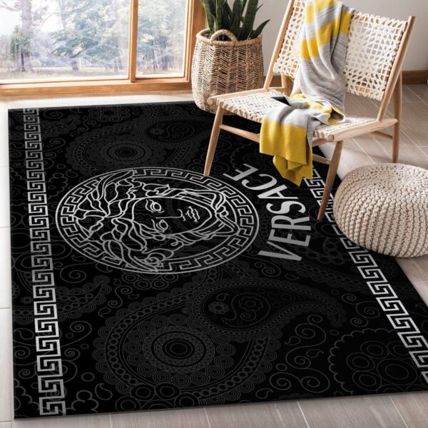 Versace Silver Logo Area Rug Elegant Living Room Accent